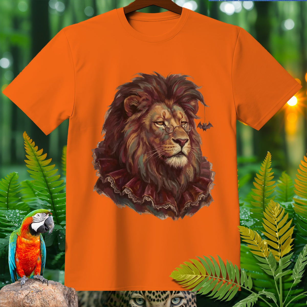 Orange t-shirt with a detailed illustration of a lion wearing glasses and a ruffled collar.