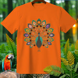Orange t-shirt with a peacock design featuring Halloween motifs.