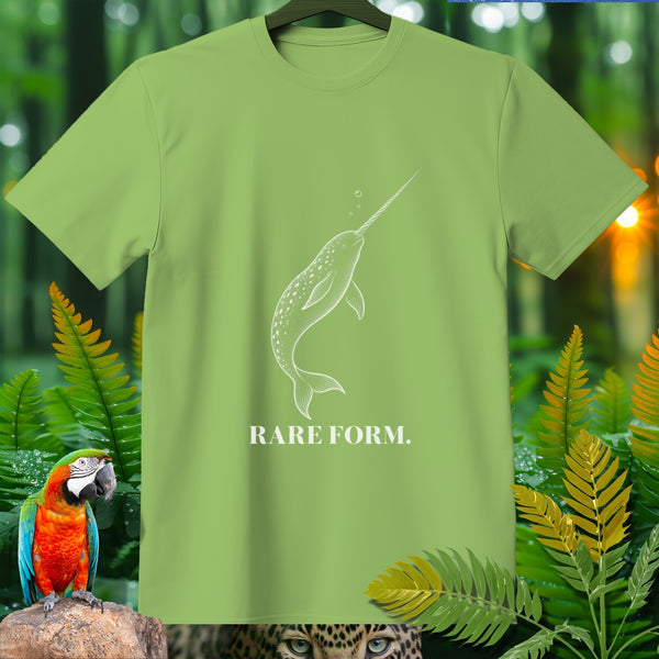 Light green t-shirt with white narwhal graphic and text "RARE FORM."