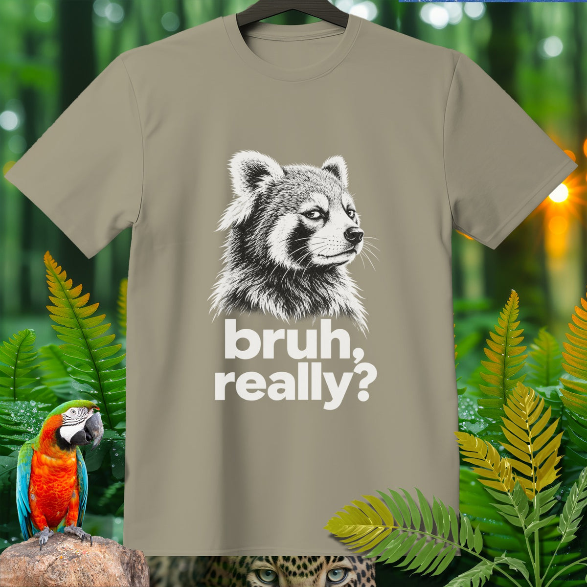 Light tan t-shirt with a red panda graphic and text "bruh, really?".