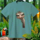 Teal t-shirt with an ostrich face graphic surrounded by jungle foliage and animals.