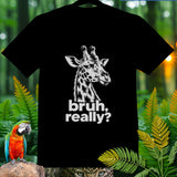 Black t-shirt with a white giraffe illustration and text 