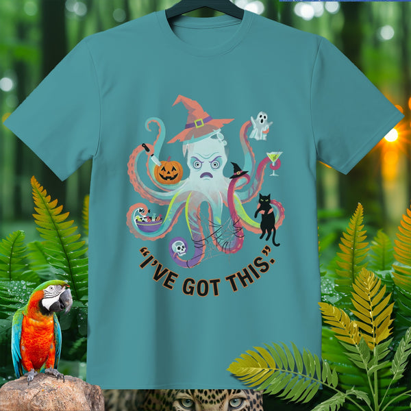 Teal t-shirt with Halloween octopus, text "I'VE GOT THIS.", black cat, and ghost.