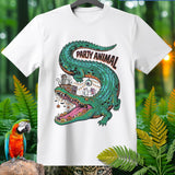 White t-shirt with a green alligator graphic that says 