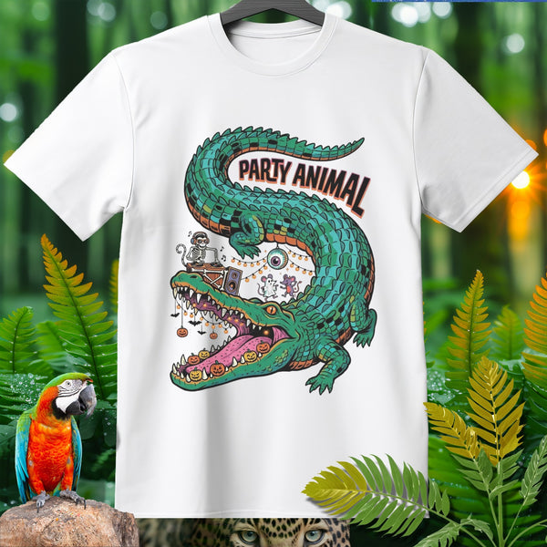 White t-shirt with a green alligator graphic that says "Party Animal".