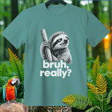 Teal t-shirt with a black and white sloth graphic and 