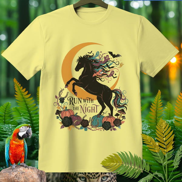 Yellow t-shirt with a black horse, moon, ghosts, bats, and pumpkins design with "Run with the Night" text.