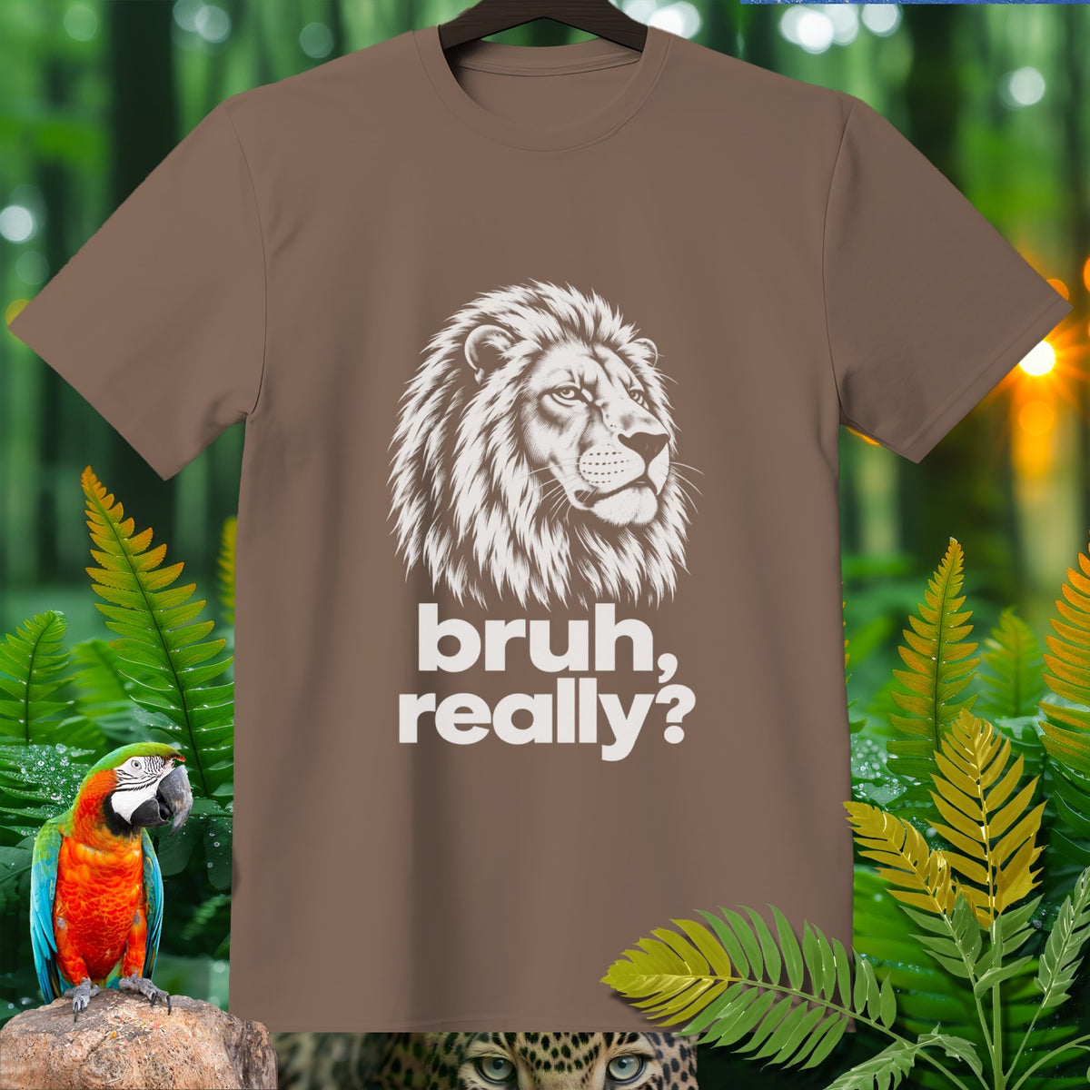 Brown t-shirt with white lion graphic and text "bruh, really?".
