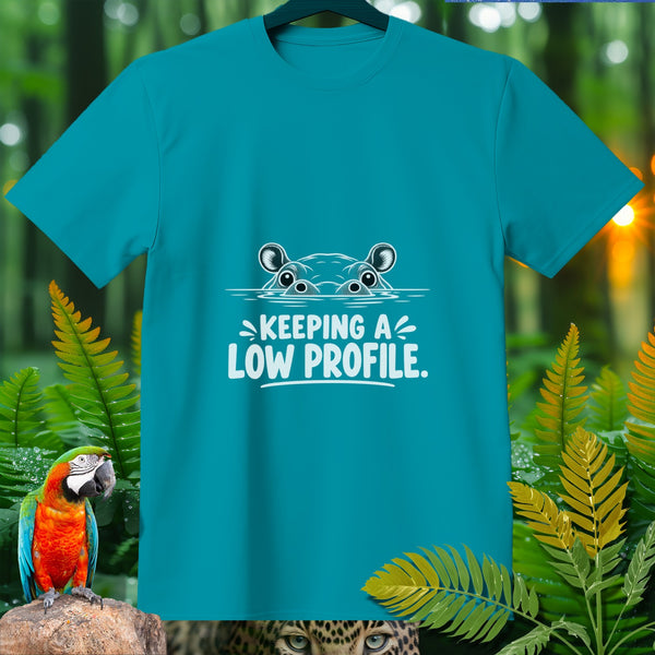 Teal t-shirt with white text "KEEPING A LOW PROFILE." and hippo graphic.