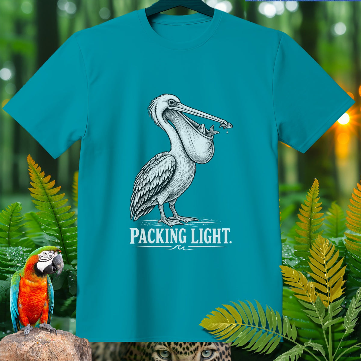 Teal t-shirt with pelican graphic and text "PACKING LIGHT."