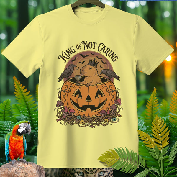 Capybara in pumpkin with crows and text "King of Not Caring"