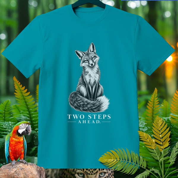 Teal t-shirt with a sitting fox graphic and "TWO STEPS AHEAD" text.