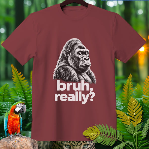 T-shirt with a gorilla graphic and the text "bruh, really?"
