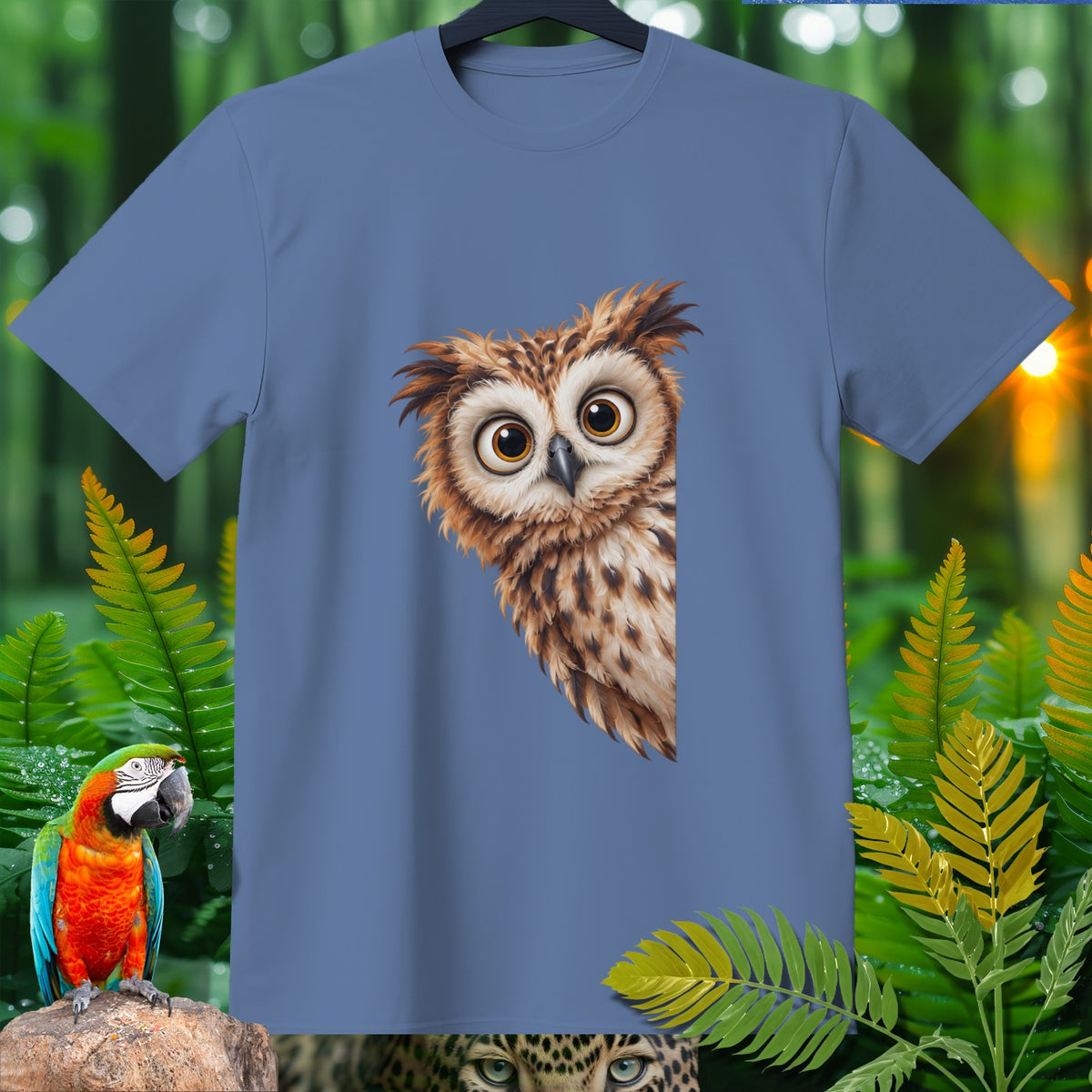 Blue t-shirt featuring a cartoon owl graphic with jungle foliage and animal accents.