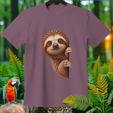 Mauve t-shirt with a cute sloth peeking from behind a purple panel.