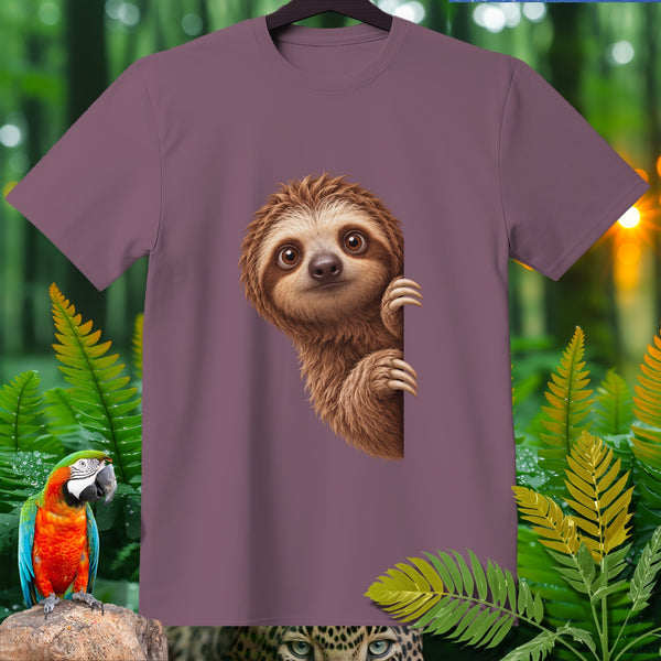 Mauve t-shirt with a cute sloth peeking from behind a purple panel.