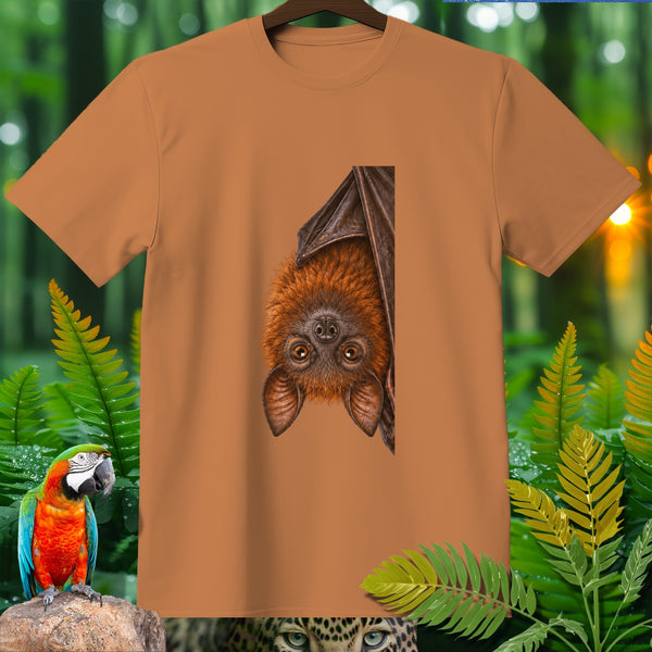 Brown t-shirt with a detailed illustration of a hanging bat and jungle foliage.