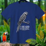 Blue t-shirt with a black and white parrot on a branch and text 