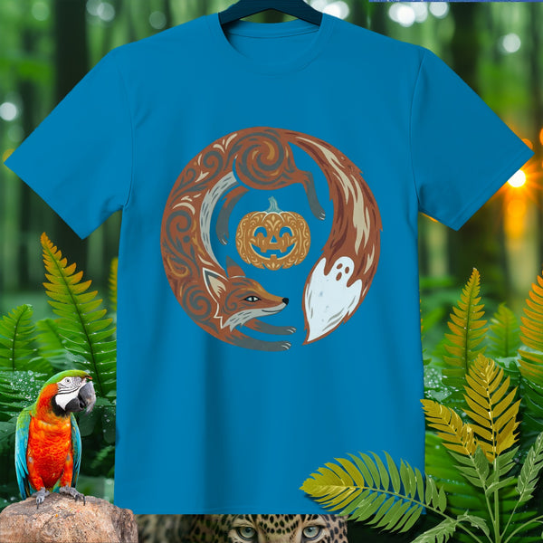Teal t-shirt featuring a circular design of a fox, pumpkin, and ghost.