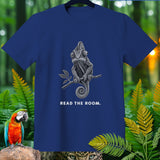 Navy t-shirt with a detailed chameleon illustration and the text 