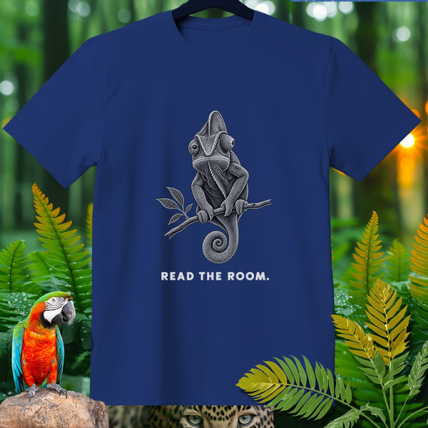 Navy t-shirt with a detailed chameleon illustration and the text "READ THE ROOM."