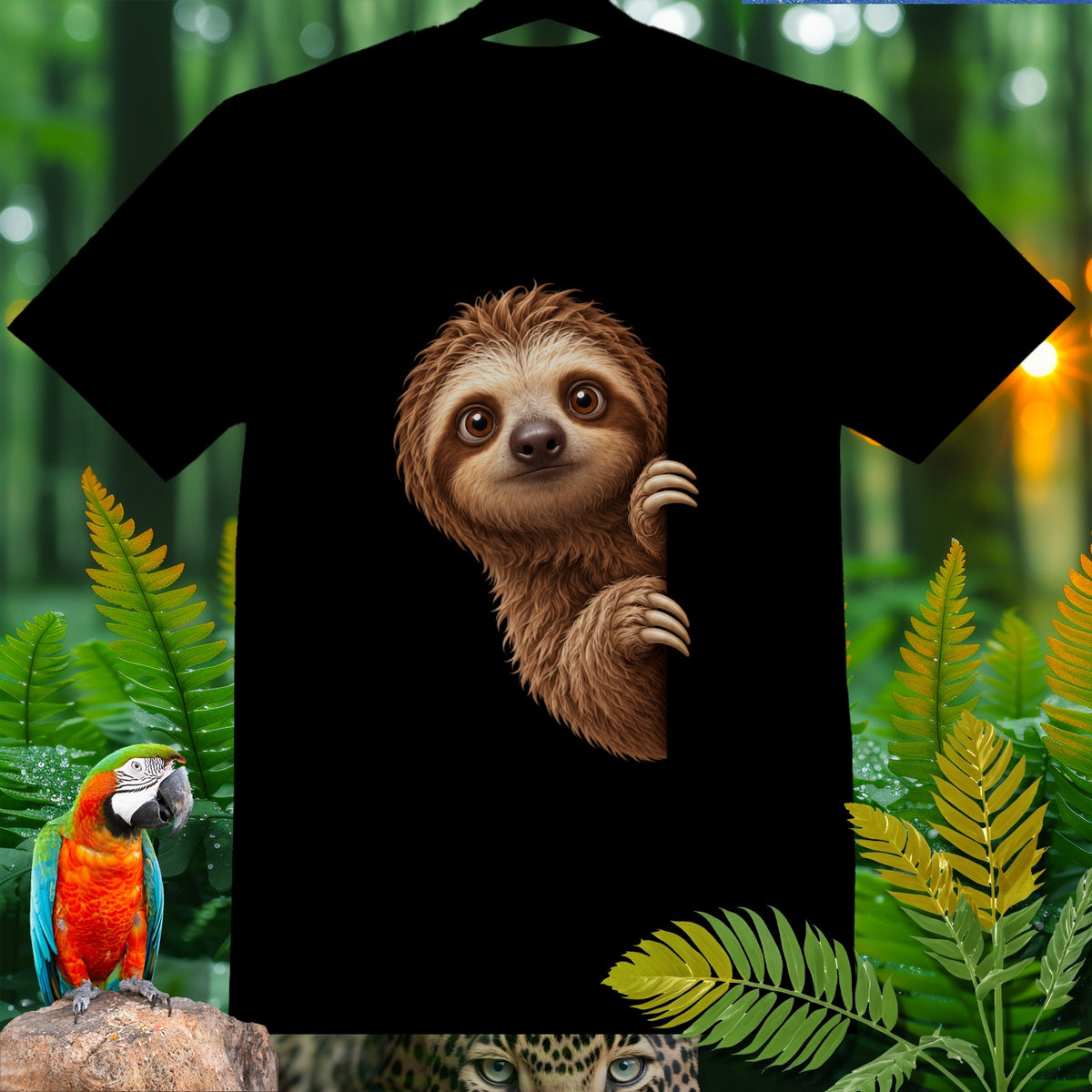 Black t-shirt with a peeking cartoon sloth graphic and jungle foliage.