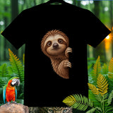 Black t-shirt with a peeking cartoon sloth graphic and jungle foliage.