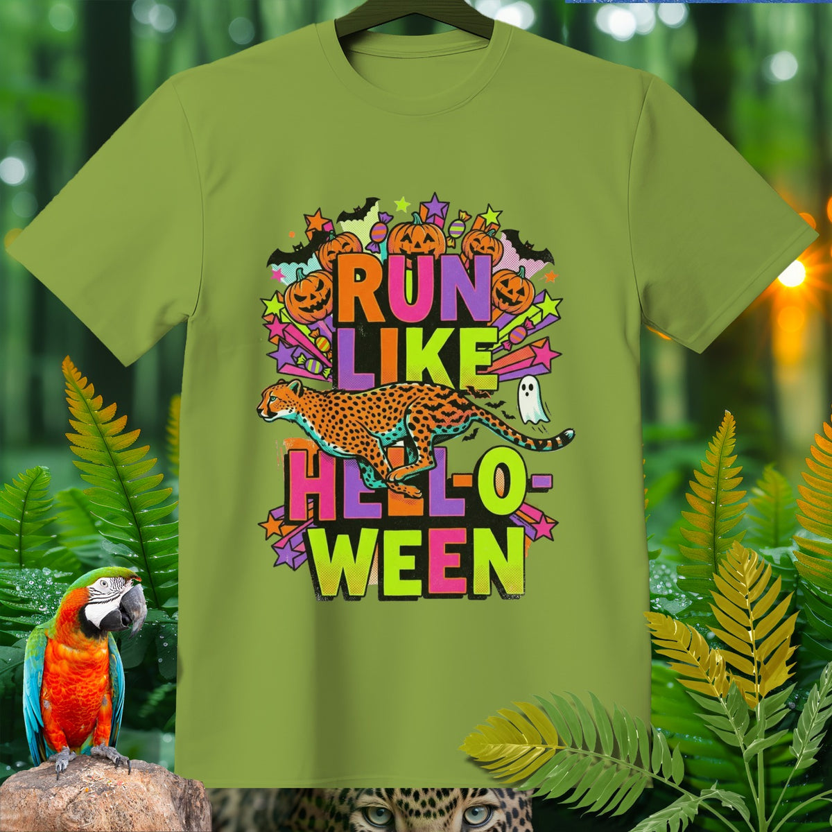 Green t-shirt with cheetah and "Run Like Hallow-ween" Halloween graphic.