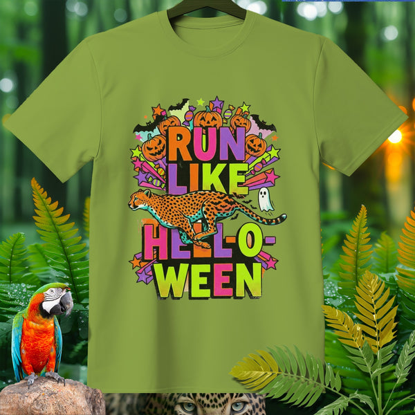 Green t-shirt with cheetah and "Run Like Hallow-ween" Halloween graphic.