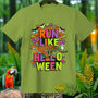 Green t-shirt with cheetah and "Run Like Hallow-ween" Halloween graphic.