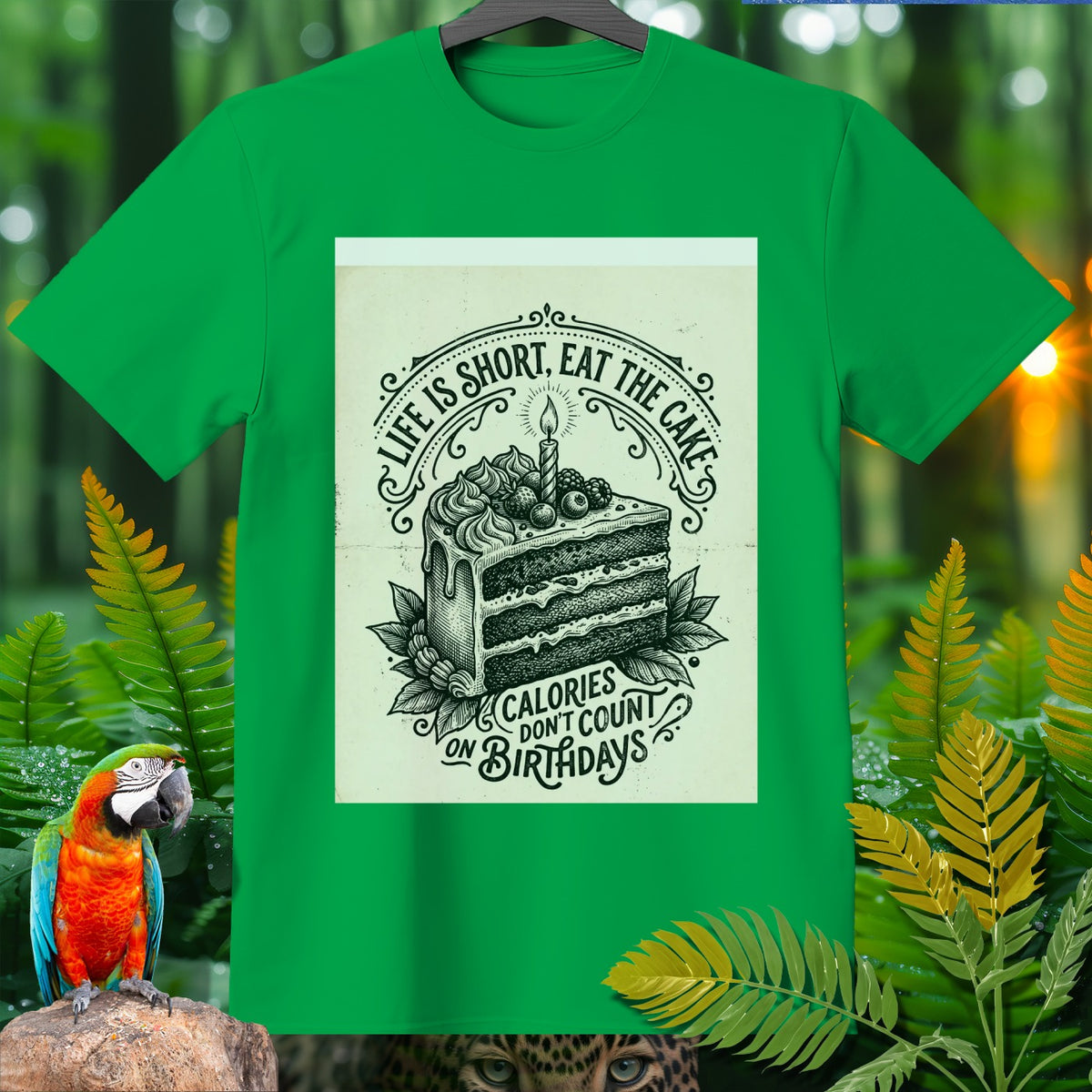 Green t-shirt with "Life is short, eat the cake" and "Calories don't count on birthdays" text and cake graphic.