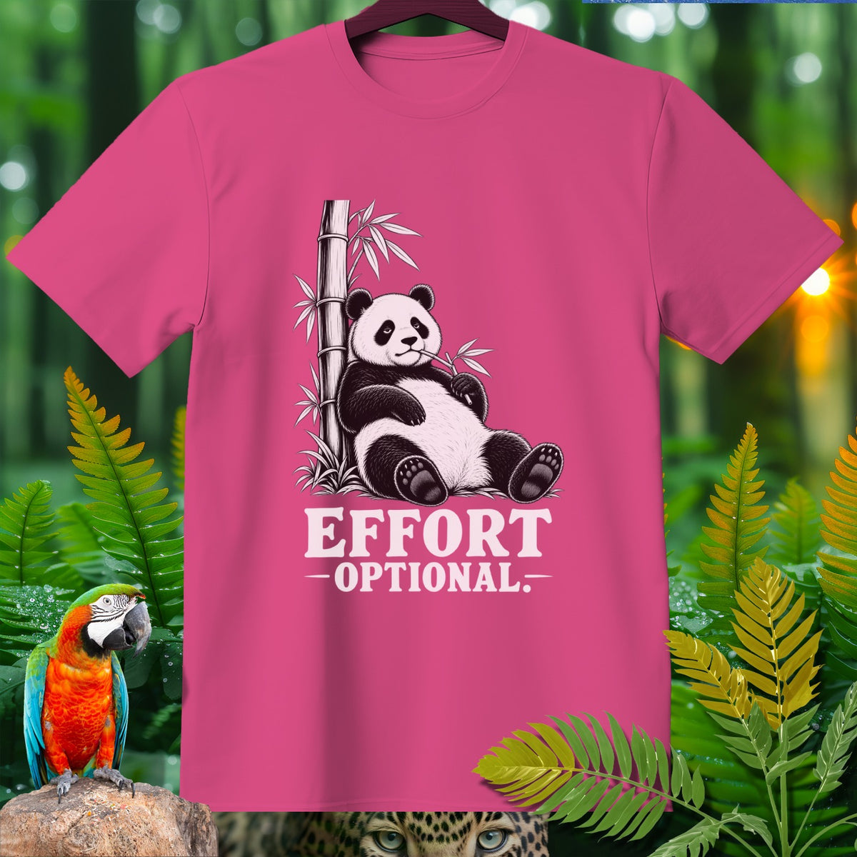 Pink t-shirt with panda and bamboo, text reads "Effort Optional".