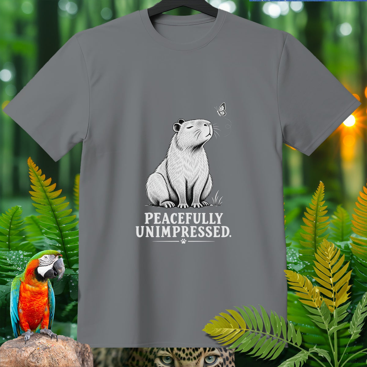 Gray t-shirt with a capybara and butterfly graphic, text reads "PEACEFULLY UNIMPRESSED."