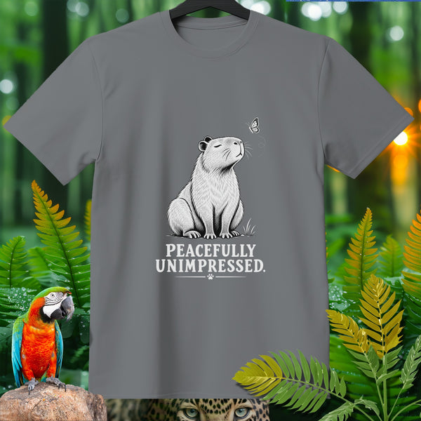 Gray t-shirt with a capybara and butterfly graphic, text reads "PEACEFULLY UNIMPRESSED."