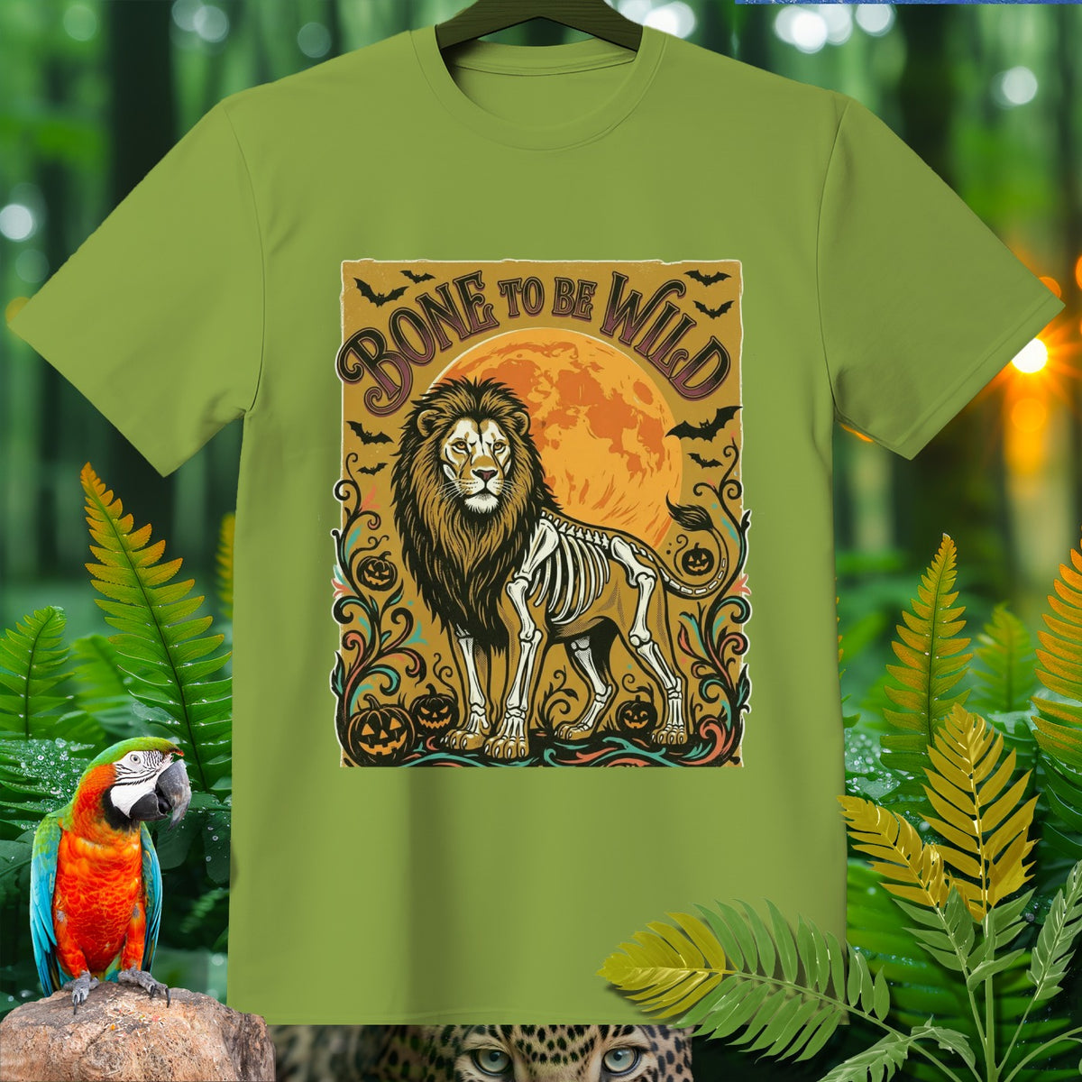Lion skeleton graphic with "Bone to Be Wild" text on a green t-shirt.