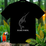 Black t-shirt with a narwhal design and the text 