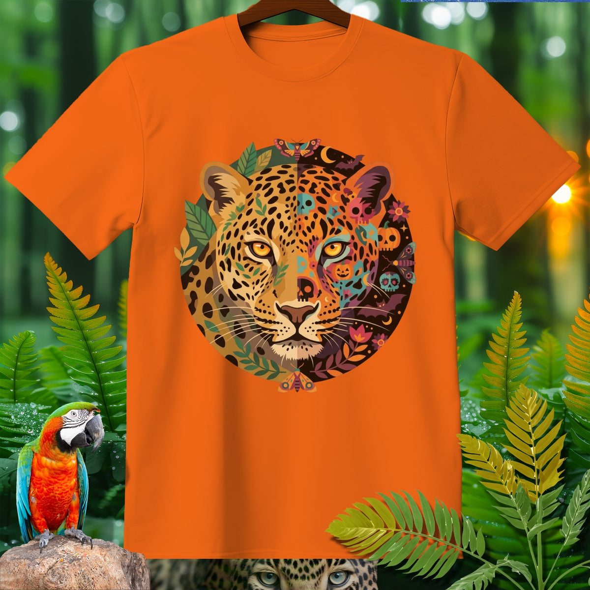 Orange t-shirt featuring a jaguar face with floral and skull Day of the Dead designs.