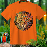 Orange t-shirt featuring a jaguar face with floral and skull Day of the Dead designs.