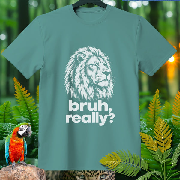 Teal t-shirt with white lion graphic and "bruh, really?" text.
