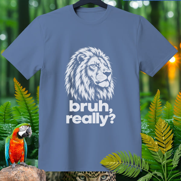 Blue t-shirt with white lion graphic and "bruh, really?" text.