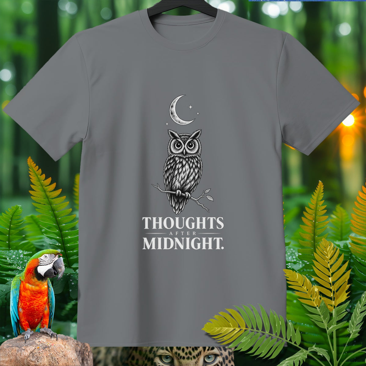 Grey t-shirt with owl, moon, stars, and "Thoughts After Midnight" text.