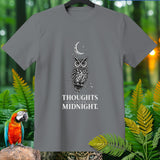 Grey t-shirt with owl, moon, stars, and 