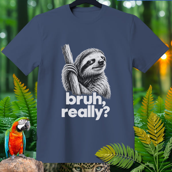 T-shirt with a sloth graphic and text "bruh, really?"