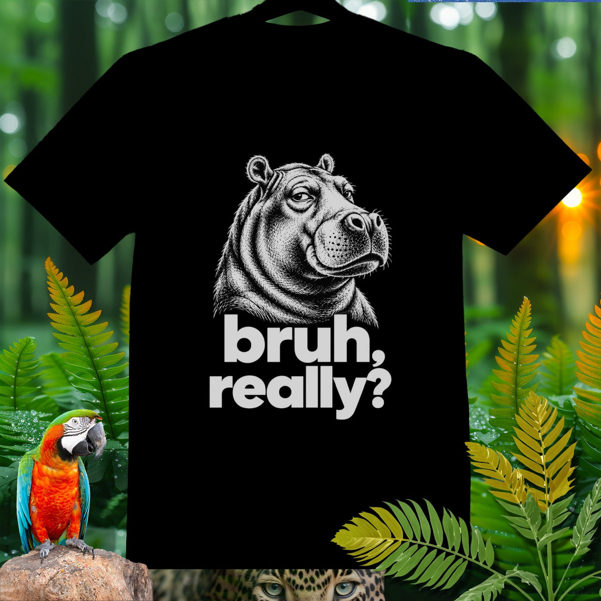 Black t-shirt with a hippo graphic and the text "bruh, really?".