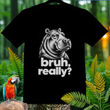Black t-shirt with a hippo graphic and the text 