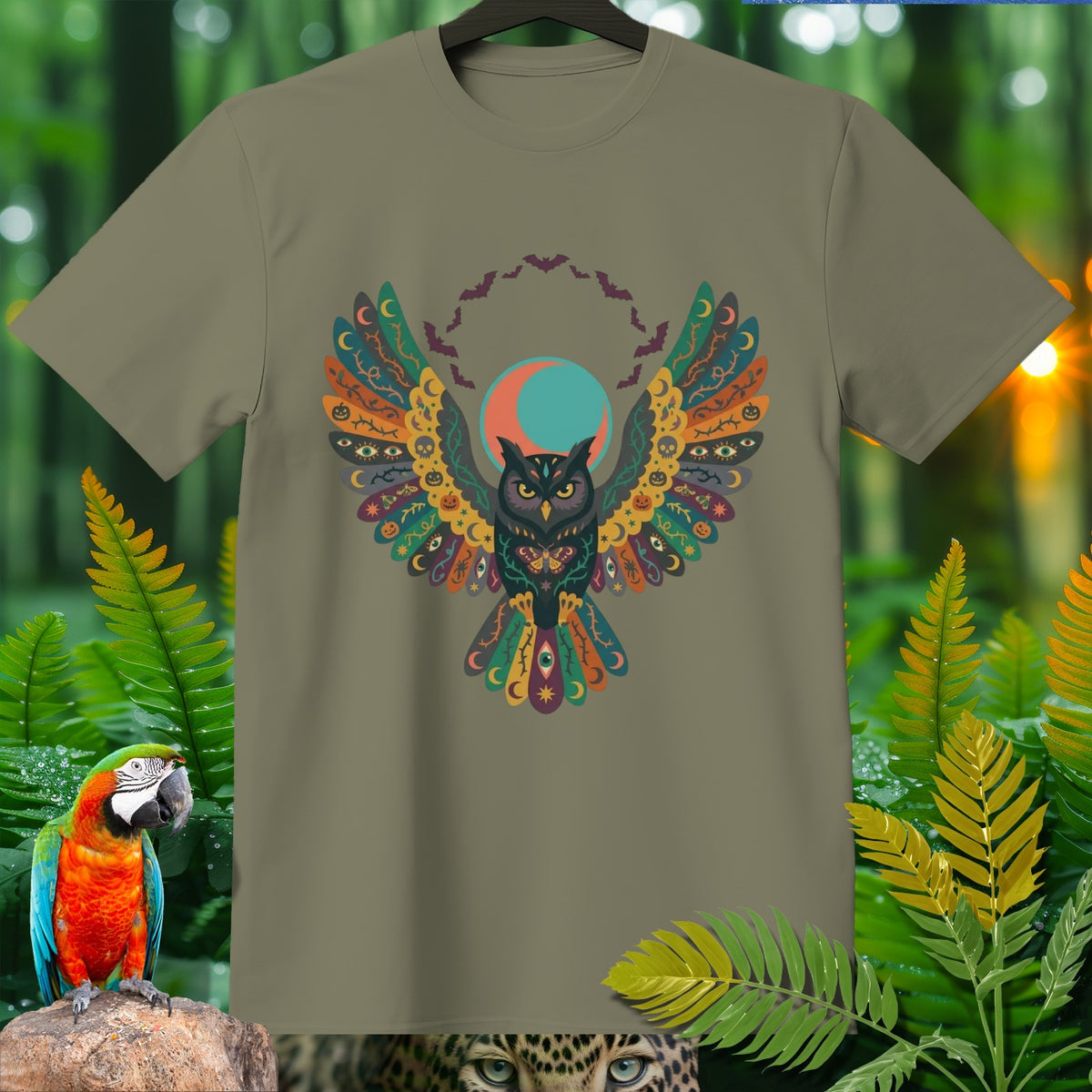 Olive green t-shirt with a colorful owl, moon, and bats graphic.