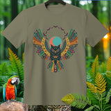 Olive green t-shirt with a colorful owl, moon, and bats graphic.