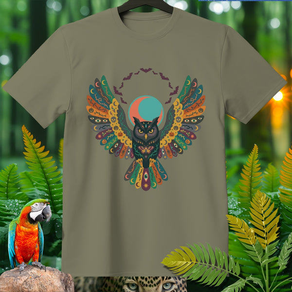 Olive green t-shirt with a colorful owl, moon, and bats graphic.