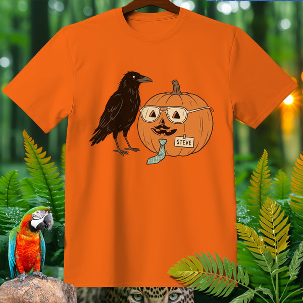 Orange t-shirt with a crow and a pumpkin named Steve wearing glasses and a tie.