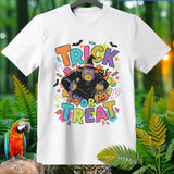 White t-shirt with gorilla in witch hat saying 